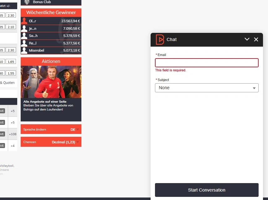 Live-Chat Support im Bahigo Casino